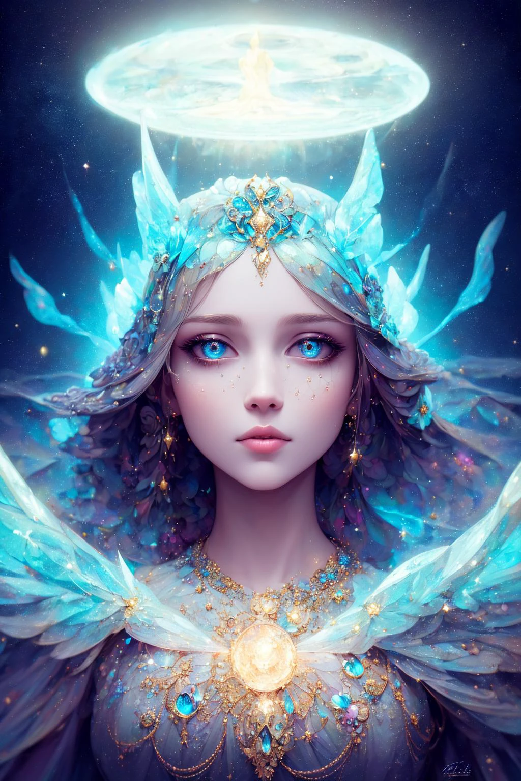 ((best quality)), ((masterpiece)), ((realistic)), portrait,
1girl, celestial, deity, goddess, light particles, halo, looking at viewer,
(bioluminescent:0.95) ocean, bioluminescent, vibrant, colourful, color, (glowing, glow),
(beautiful composition), cinematic lighting, intricate, (symmetrical:0.5), whimsical,
