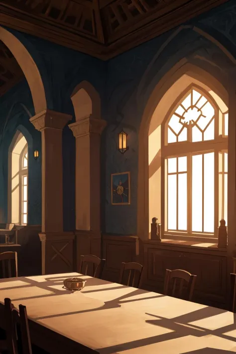 zrpgstyle, medieval fantasy tavern interior, colorful tapestries on the walls Game of Thrones Hogwarts bright morning sunlight s...