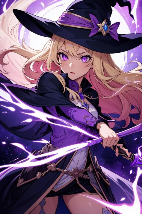 Cowboy Shot,beautiful and detailed illustration,pop art,masterpiece,best quality,ultra-detailed,soft lighting,<lyco:GoodHands-beta2:0.8>,<lora:add_detail:0.3>,1girl, witch, blonde hair, wielding a purple staff blasting purple energy, purple effects,light pink eyes,glossy eyes,cinematic shot,vibrant colors,gorgeous colors,dynamic action pose,