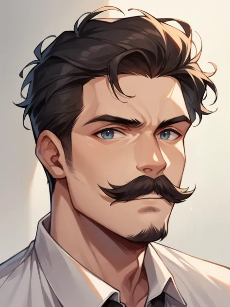 a close up of a man with a mustache and a shirt