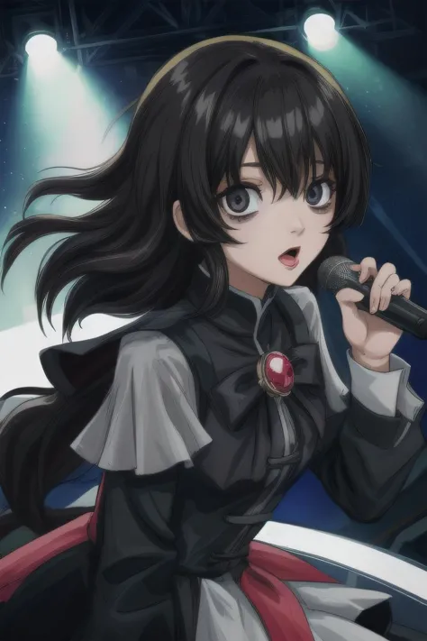 1girl, black hair, hair over eye, microphone, black mahoushojo outfit,  mouth open,
BREAK
stage, concert, exciting feeling, (best quality:1.2), (masterpiece:1.2), award winning, perfect lighting, backlighting, <lora:bags under eyes:1> Bags under eyes <lora:add_detail:0.8> <lora:mahoushoujo_cpt_v01:1> mahoushoujo,