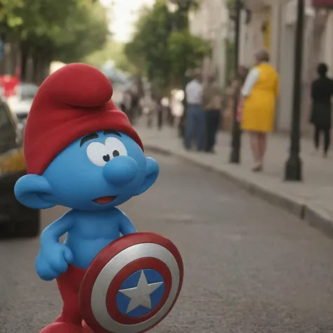 cinematic photo a smurf wears captain america suit, in a street <lora:Smurfs1024:0.7>  . 35mm photograph, film, bokeh, professio...