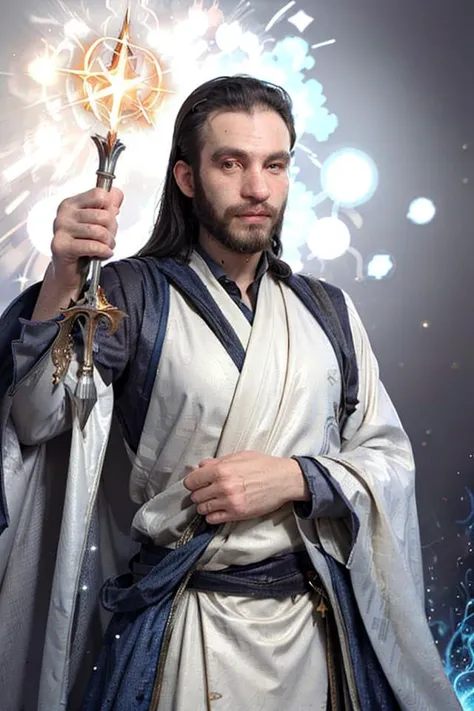 arafed man dressed in a white robe holding a wand and a star