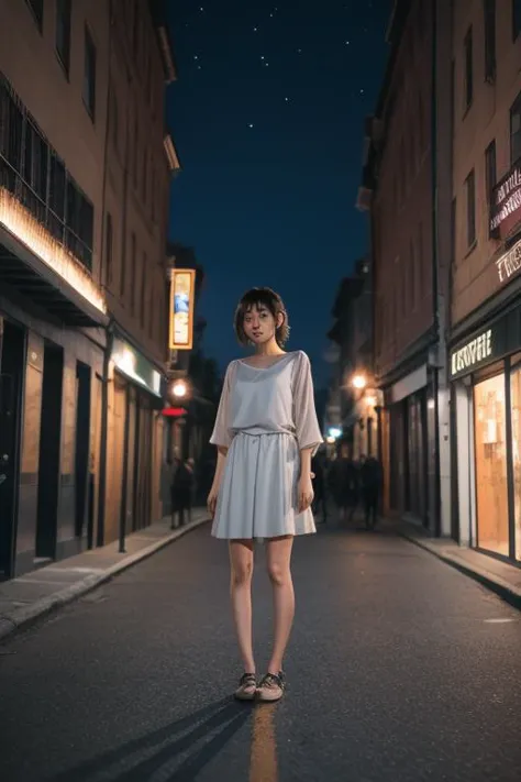 a woman standing in the middle of a street at night