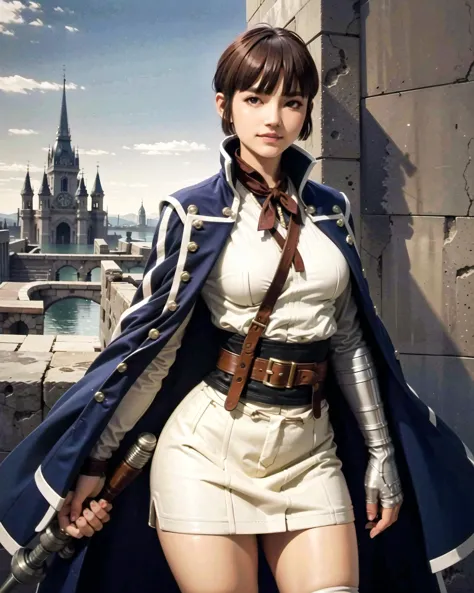 (castle, gorgeous view)
(cowboy shot), sfw,  (masterpiece), (best quality:1.0), (ultra highres:1.0), detailed eyes, detailed clothing texture, beautiful face, 1girl, Isabeau smiling, rapier, weapon
samurai uniform, blue coat, gauntlet
<lora:Isabeau_SMT4:0.6>