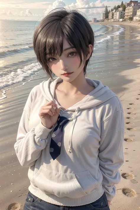 masterpiece, best quality, 1girl, solo, tomboy,  smile, short hair, spike hair, cowboy shot, red lipstick, hoodie , beach, sand ...