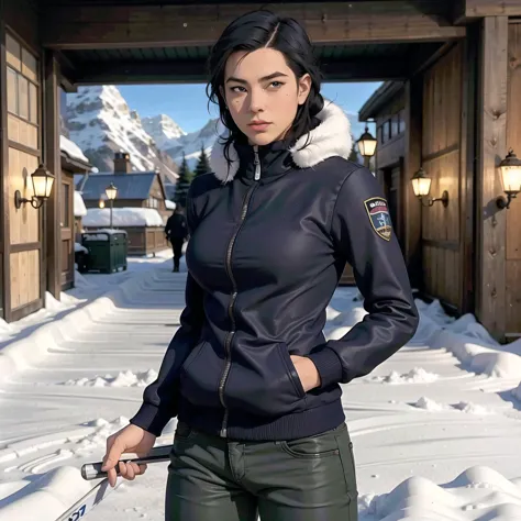 arafed woman in a black jacket and green pants holding skis