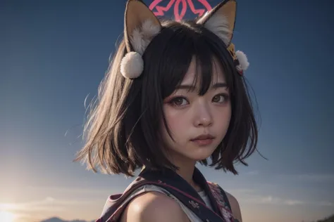 a close up of a girl with a cat ears and a cat tail