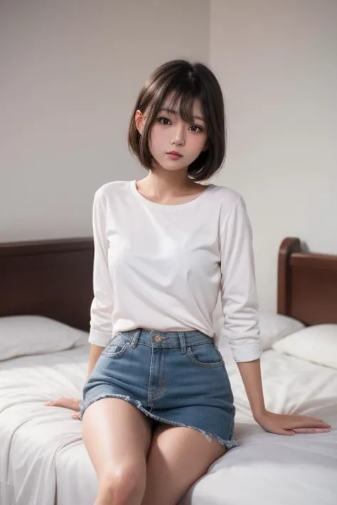 a woman sitting on a bed with a white shirt and denim shorts