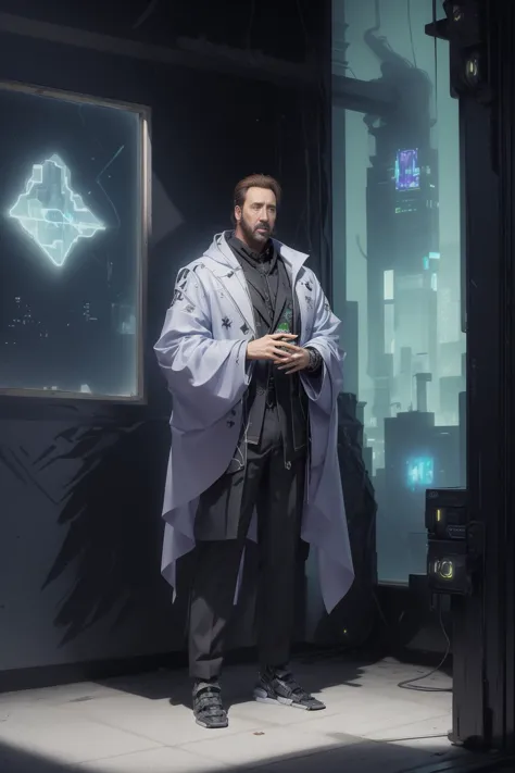 masterpiece, best quality, realistic, (1 man), (male), (nicolas cage:1)+, ((full body view)), (slim tall man:1), long hair, (black suit:0.6)+, armored upper body, (cyberpunk style:1.2)++, scifi, futuristic, (mechanical arms:1)++, looking at viewer, (cyberpunk room, hologram, plants:1)+, led lamp, cybercity viewscape from window, (neon colors,  blue, pink, green, yellow:0.8), advntr, <lora:Futuristicbot4:0.6>