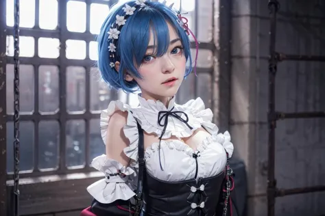 a close up of a woman with blue hair wearing a dress