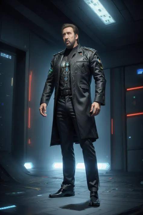 chef-d&#39;œuvre, Meilleure qualité, Réaliste, (1 homme), (mâle), (/Nicolas Cage:1/)+, vue complète du corps, (fat mâle:1)+++, (costume noir:1)+, armure, (cyberpunk:1)++, science-fiction, futuriste, bras mécaniques, advntr, 