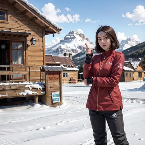 woman in red jacket standing in front of a cabin in the snow