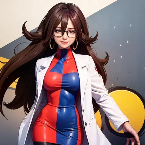 1girl, solo, light smile , <lora:android21DragonBall_v15:0.45>, android 21, glasses, black-framed eyewear, (big hair, black gloves, black pantyhose, blue dress, blue eyes, brown hair,labcoat , checkered clothes, checkered dress, earrings, elbow gloves, hair between eyes, hoop earrings, jewelry, long hair, multicolored clothes, multicolored dress, red dress, short dress:0.8)