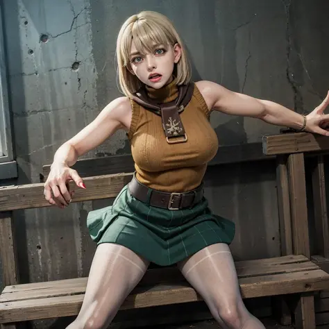 scary, zombie pose, <lora:ashleyGrahamResidentEvil_v10:0.6> ashley, re4, (1girl, bench, blonde hair, blue eyes, boots, brown pantyhose, green skirt, jewelry, necklace, orange sweater, pleated skirt, skirt, sleeveless, sleeveless sweater, sleeveless turtleneck, sweater, thighband pantyhose, torn clothes, torn pantyhose, turtleneck, turtleneck sweater:0.8)