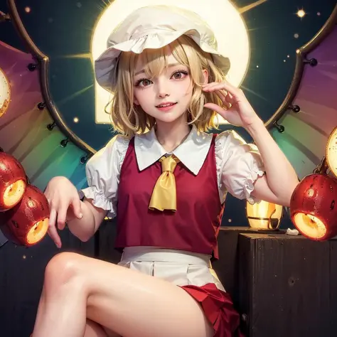 naughty face, smile, teasing, flandre scarlet, , <lora:flandrescarlettouhou_v10:0.75> , ascot, blonde hair ,fang , hat, hair bet...