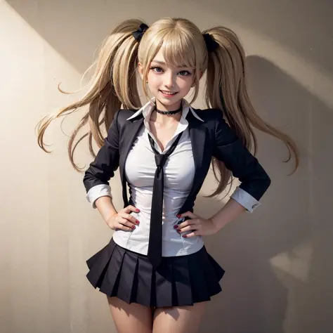 smile, naughty face, teasing, 1girl, solo, <lora:SPOILERSFIXEDEnoshima_trueV10:0.35>, junkodg, (bear hair ornament, black choker, black necktie, blonde hair, blue eyes, bow, choker, fangs, grey necktie, hair ornament, long hair, miniskirt, nail polish, necktie, red bow, red nails, school uniform, shirt, skirt, sleeves rolled up, twintails, two-tone necktie:0.7)