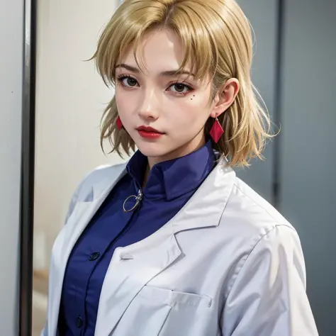 1fille, seulement, Akagi Ritsuko, blond hair, t-shirt bleu, blouse de laboratoire,blond , des boucles d&#39;oreilles, grain de beauté sous les yeux, se maquiller, rouge à lèvres, lèvres rouges,