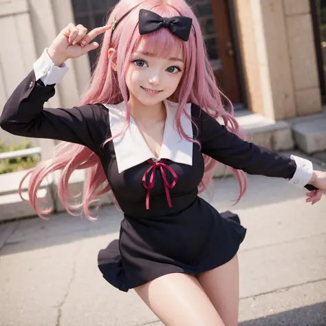 sourire, regarder le spectateur, Taille, Hanche, 1fille, seulement, Shuuchin_académie_uniforme, fujiwara_Chika, école_uniforme,rose_cheveux, rouge_ruban,noir_arc, seins, sourire, Long_cheveux, cheveux_arc, noir_robe, Long_manches,bleu_yeux,,