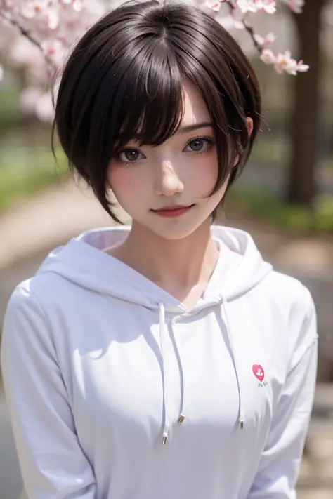 1girl, solo, <lora:komoshuaiv2_lora-06:0.7>, komoshuai, short hair, portrait, cherry blossoms, smile, white hoodie, brown eyes