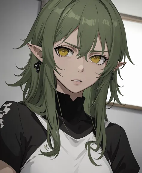 anime girl with green hair and yellow eyes in a room