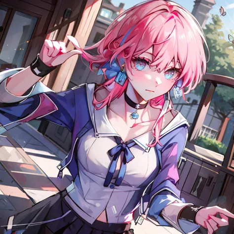 anime girl with pink hair and blue eyes in a school uniform