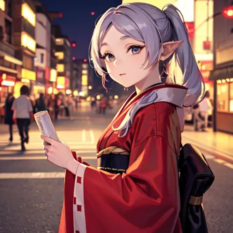 anime girl in red kimono standing in the middle of a street