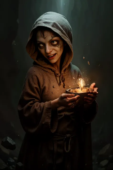 a woman in a hoodedie holding a lit candle in her hands