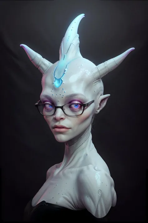 a close up of a woman with glasses and a horned head