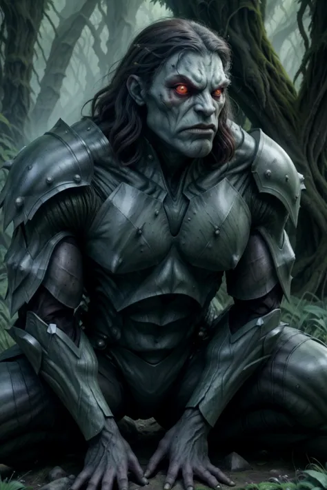 a close up of a person in a suit of armor in a forest