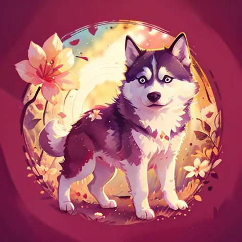 a close up of a husky dog standing in a flowered circle