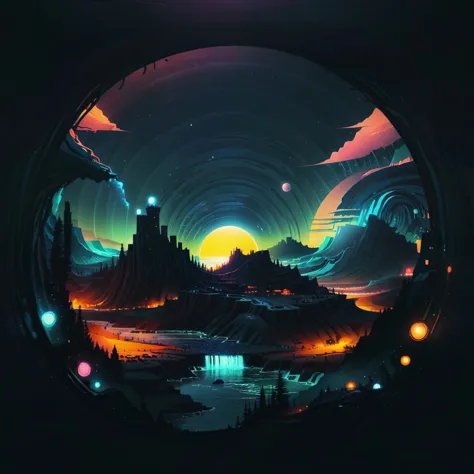 a view of a futuristic landscape with a circular window