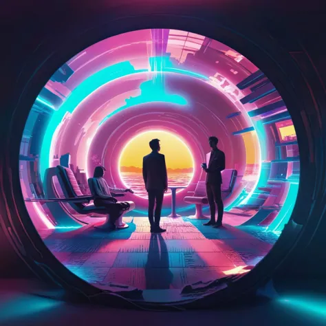 a man and woman standing in a tunnel with neon lights