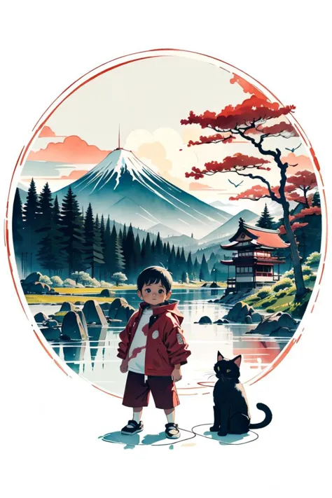 photo of a little ((1 year old baby boy)), short hair,  masterpiece, standing, outdoor, rural japan, snow, Light Red jacket, with his cat on his shoulder,  <lora:Colorwater_v4:0.65> watercolor \(medium\),   <lora:CHAR-Fayyaz:1> fayyaz <lora:EF-CircleArt_Sora_SD15:0.5> Circle <lora:EF-Ink scenery:0.5> WHITE BACKGROUND, SCENERY, INK, MOUNTAINS, WATER, TREES<lora:EF-GoodHands-beta2:0.5><lora:EF-GoodHands-beta2:0.5>