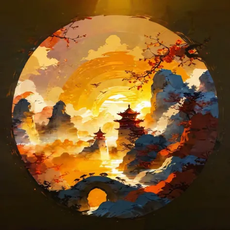 SoraSleepAI,  <lora:sdxl_lightning_8step_lora:1>, masterpiece,  <lora:lora:1.0> Circle, Chinese style, landscape, photolab, Sun in the sky