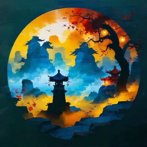 a painting of a pagoda in the middle of a sunset