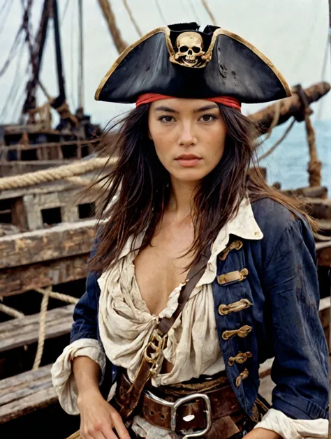 1girl, 1990s, asian, brunette, wearing pirate captain outfit styled by Salvatori Ferragamo, torn clothes, Corsair, adventure,
on a dilapidated dock, ocean, Cog, ships, crates, rope,
wearing dirty, dirty skin, skin texture,
intricate detail, high fashion photography by Herb Ritts, upper body
<lora:PhotoDetailXL:2><lora:fix_hands:1><lora:clear:1><lora:FemaleGeneralizeHelper_V1_SDXLBase:1> <lora:EnvyZoomSliderXL01:1><lora:LCMTurboMix_DPM_SDE_Karras:1.0>