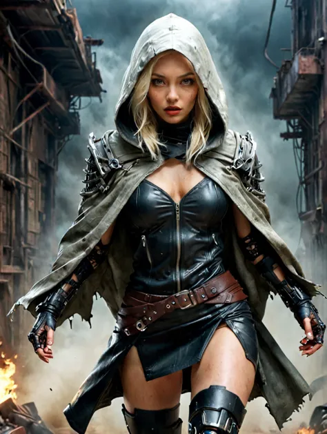 a close up of a woman in a leather outfit with a hood on