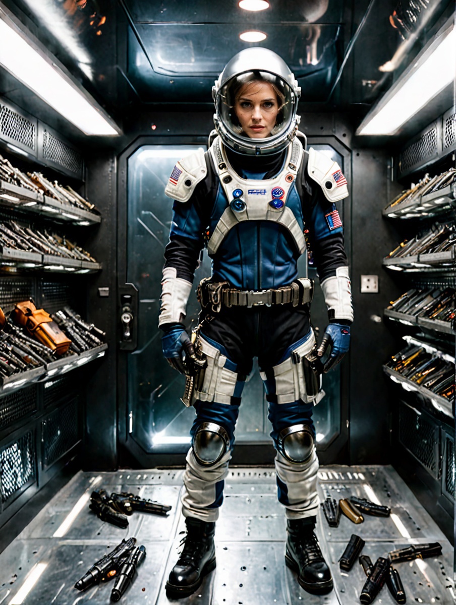 Arafed man in space suit standing in a room with guns - SeaArt AI