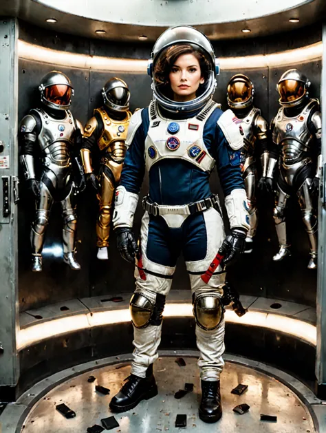 arafed woman in a space suit standing in a space station