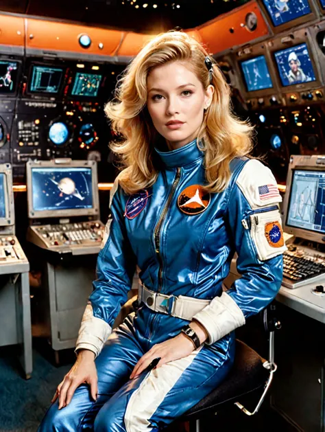 arafed woman in a blue space suit sitting in front of a computer