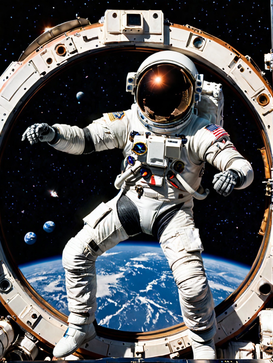 Astronaut in space suit in window of space station with earth in background  - SeaArt AI