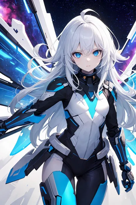 (masterpiece), best quality, high resolution, extremely detailed, detailed background, perfect lighting, (colorful, vivid color:1.4), 1girl, nebula, glowing, energy sword, illumination, white hair, very long hair ahoge, blue eyes, petite, , pale skin, inner blue hair, (mechanical wings:1.2), straight hair, gauntlets