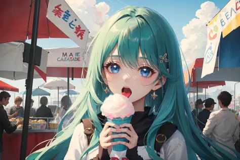 masterpiece, best quality, ultra detailed, highres, extremely detailed CG unity 8k wallpaper, perfect lighting, 1girl, detailed face, 
emerald hair,  long hair, wind effect, shiny skin, clothes detailed, round eye, open mouth,  
blue sky, cloud, village in fastival, A girl with her eyes shining on cotton candy at a food stall), big cotton candy, grinding,  eating,