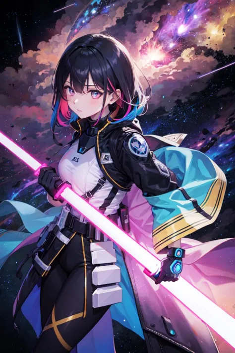 (masterpiece), best quality, high resolution, extremely detailed, detailed background, perfect lighting, (colorful, vivid color:1.4), 1girl, nebula, glowing, energy sword, lightsaber, illumination