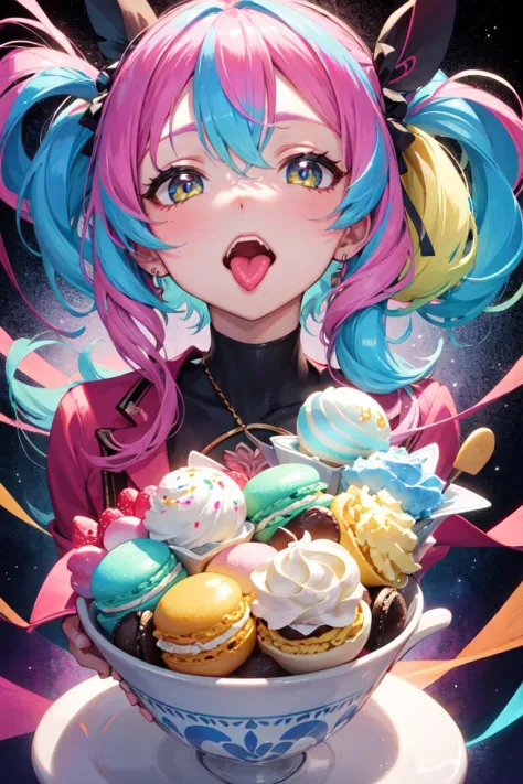 (masterpiece), best quality, high resolution, extremely detailed, detailed background, perfect lighting, (colorful, vivid color:1.4), 1girl, ice cream, parfait, cream, macaron, tongue out, multicolor hair