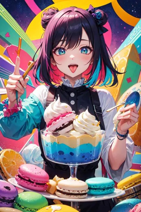 (masterpiece), best quality, high resolution, extremely detailed, detailed background, perfect lighting, (colorful, vivid color:1.4), 1girl, ice cream, parfait, cream, macaron, tongue out, multicolor hair