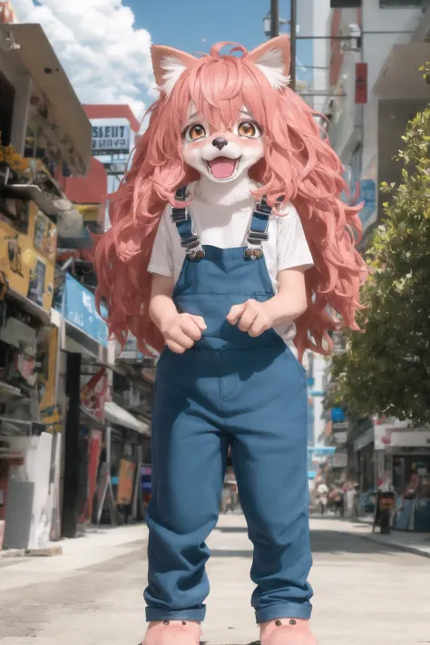 furchan, animal ears, medium hair, pink hair, body fur, tail, blue overalls, standing, crying, city,  