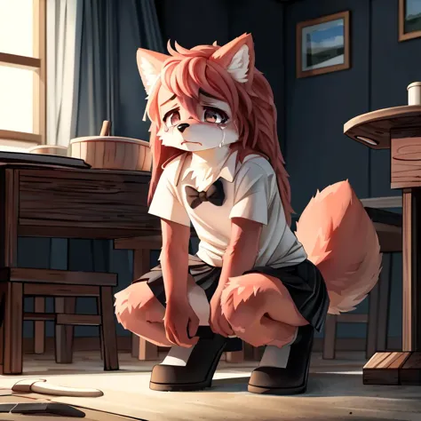 (furchan:1.1), (long hair, pink hair, body fur, tail), 1girl, female, <lora:fur_chan v2.5:1>, white shirt, broken blue skirt, bow, (crouching:1.1), (crying, sad), (kemono:1), full body, young, short, (small breasts),  (detailed background:1.1), (intricate:...