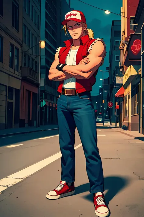 terrybogard, 1guy, red vest, blonde hair, ponytail, red trucker cap, white sleeveless shirt, denim jeans, belt, fingerless gloves, red sneakers, detailed eyes, detailed face, ((masterpiece, highres, perfect picture)), city at night, streets, neon, crossed arms, (detailed:1.2), atmospheric, <lora:TerryBogardv2-stasis:0.8>